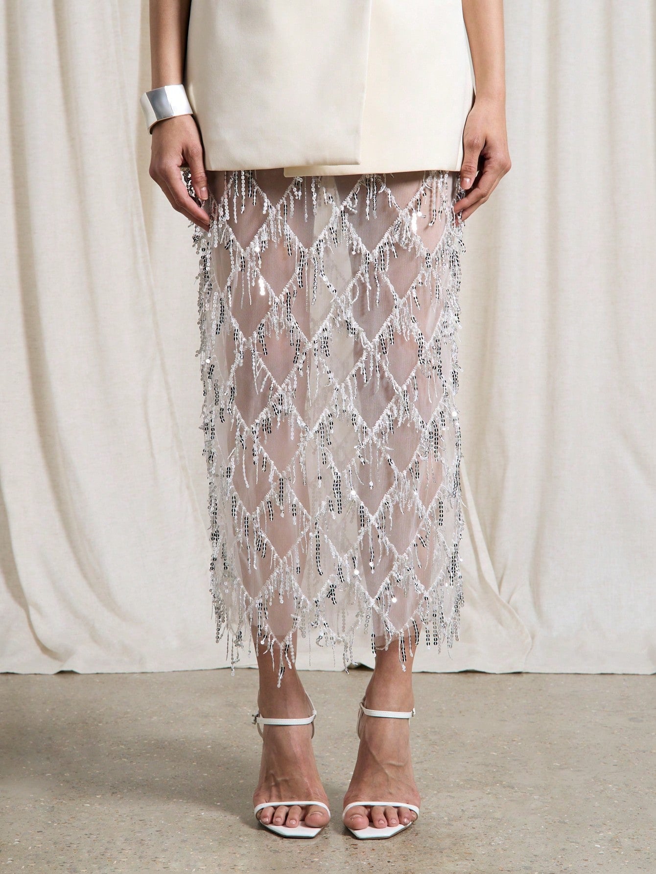 Sequin Fringe Mesh Midi Pencil Skirt