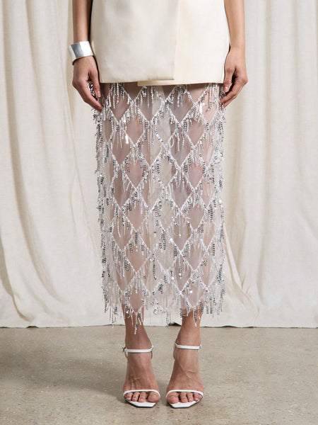 Sequin Fringe Mesh Midi Pencil Skirt
