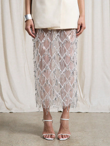 Sequin Fringe Mesh Midi Pencil Skirt