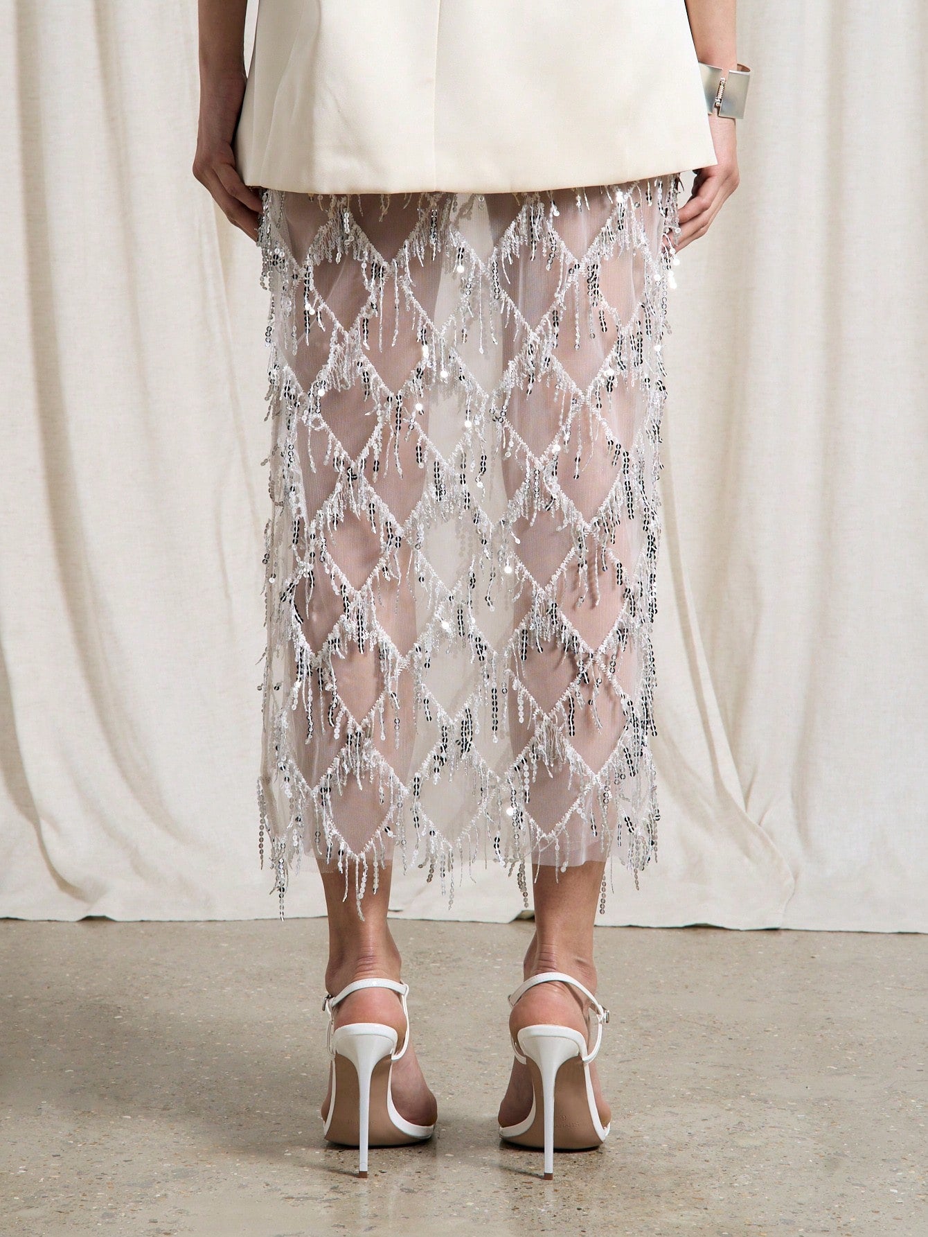 Sequin Fringe Mesh Midi Pencil Skirt