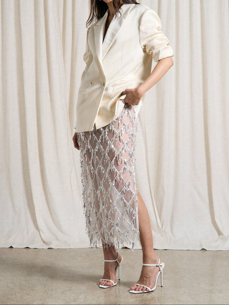 Sequin Fringe Mesh Midi Pencil Skirt