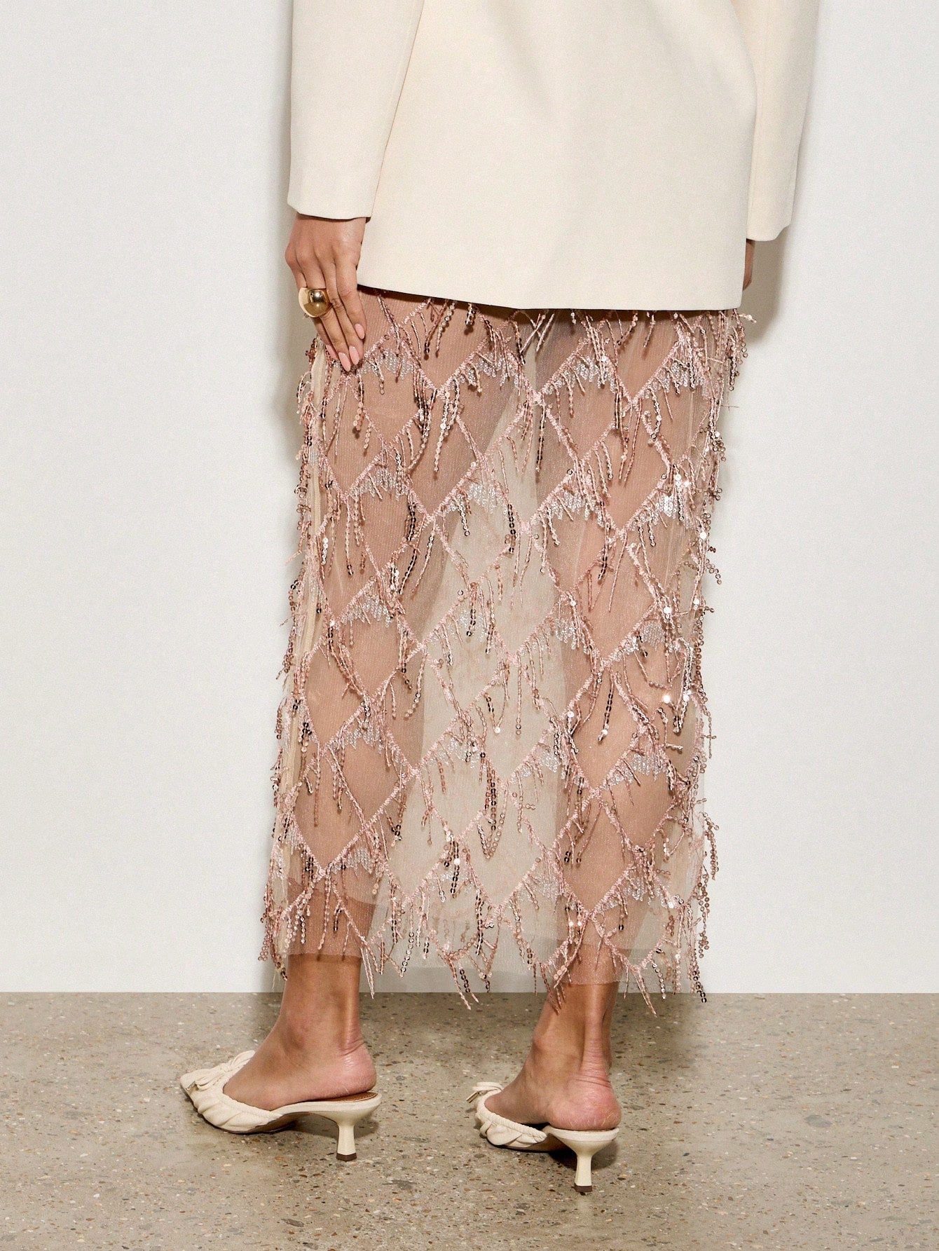 Sequin Fringe Mesh Midi Pencil Skirt