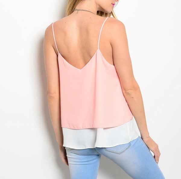 V Neckline Double Layered Chiffon Top in Peach & White