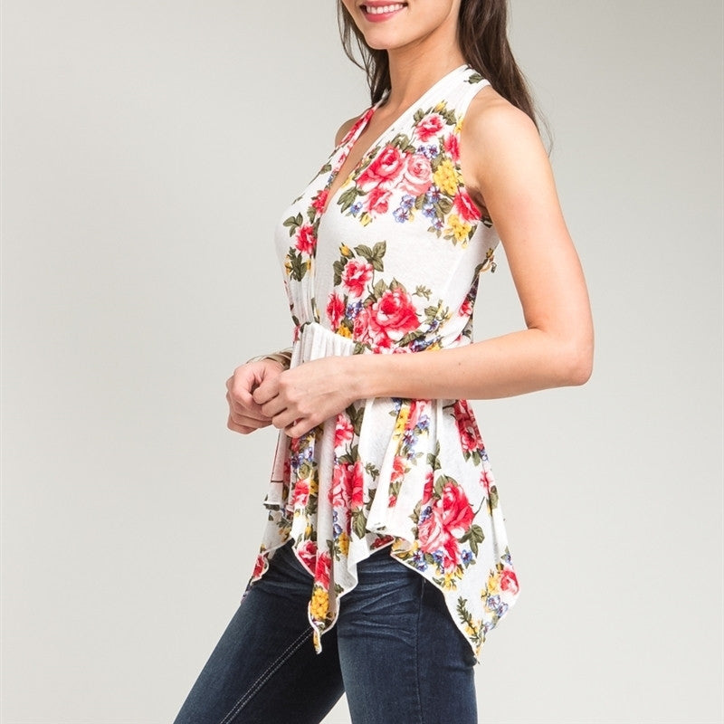 Sheer Overlap Floral Print Asymmetric Top in White & Red