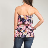 Floral Print Belted Strapless Top in Pink & Black