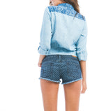Tie Front Acid Wash Denim Button Up Crop Top in Blue