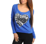 Heart Print Laced Back Long Sleeve Top in Blue
