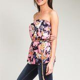 Floral Print Belted Strapless Top in Pink & Black