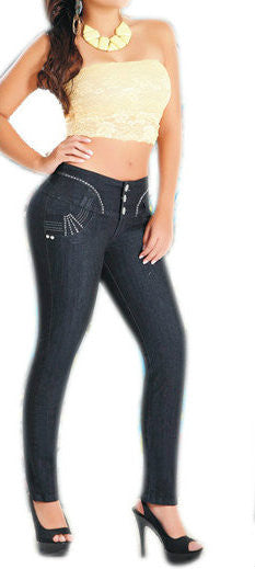 Butt Lifting Glitter Straight Leg Stretch Jeans in Dark Blue