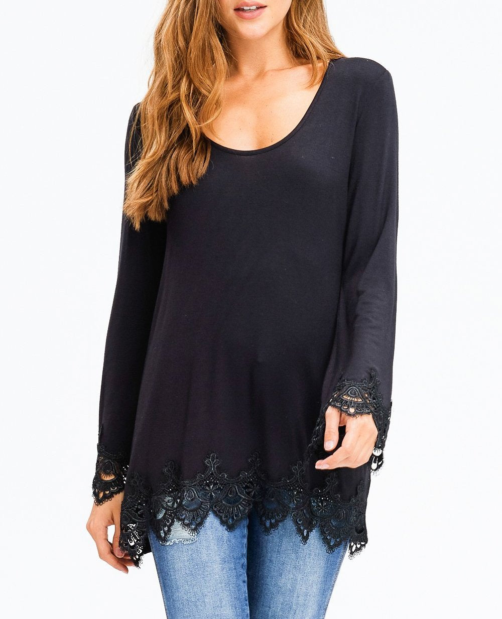Crochet Hem Long Sleeve Tunic Top in Black