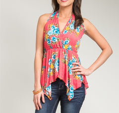 Sheer Overlap Floral Print Asymmetric Top in Red