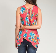Sheer Overlap Floral Print Asymmetric Top in Red