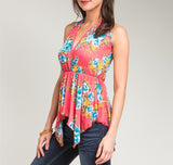 Sheer Overlap Floral Print Asymmetric Top in Red