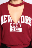 New York City Graphic V Neck Long Sleeve Top in Burgundy