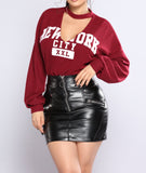 New York City Graphic V Neck Long Sleeve Top in Burgundy