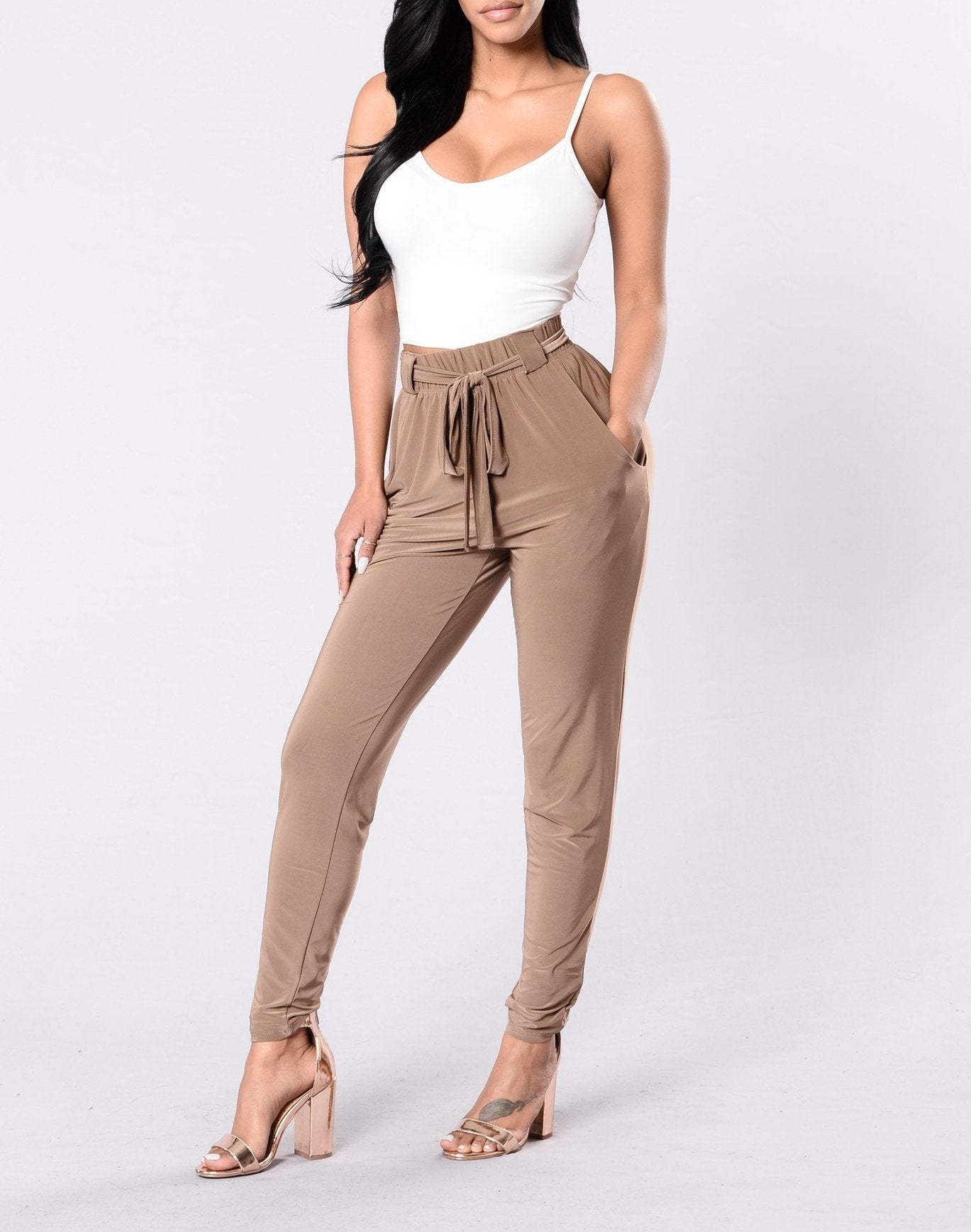 Tie Waist Harem Pants in Taupe