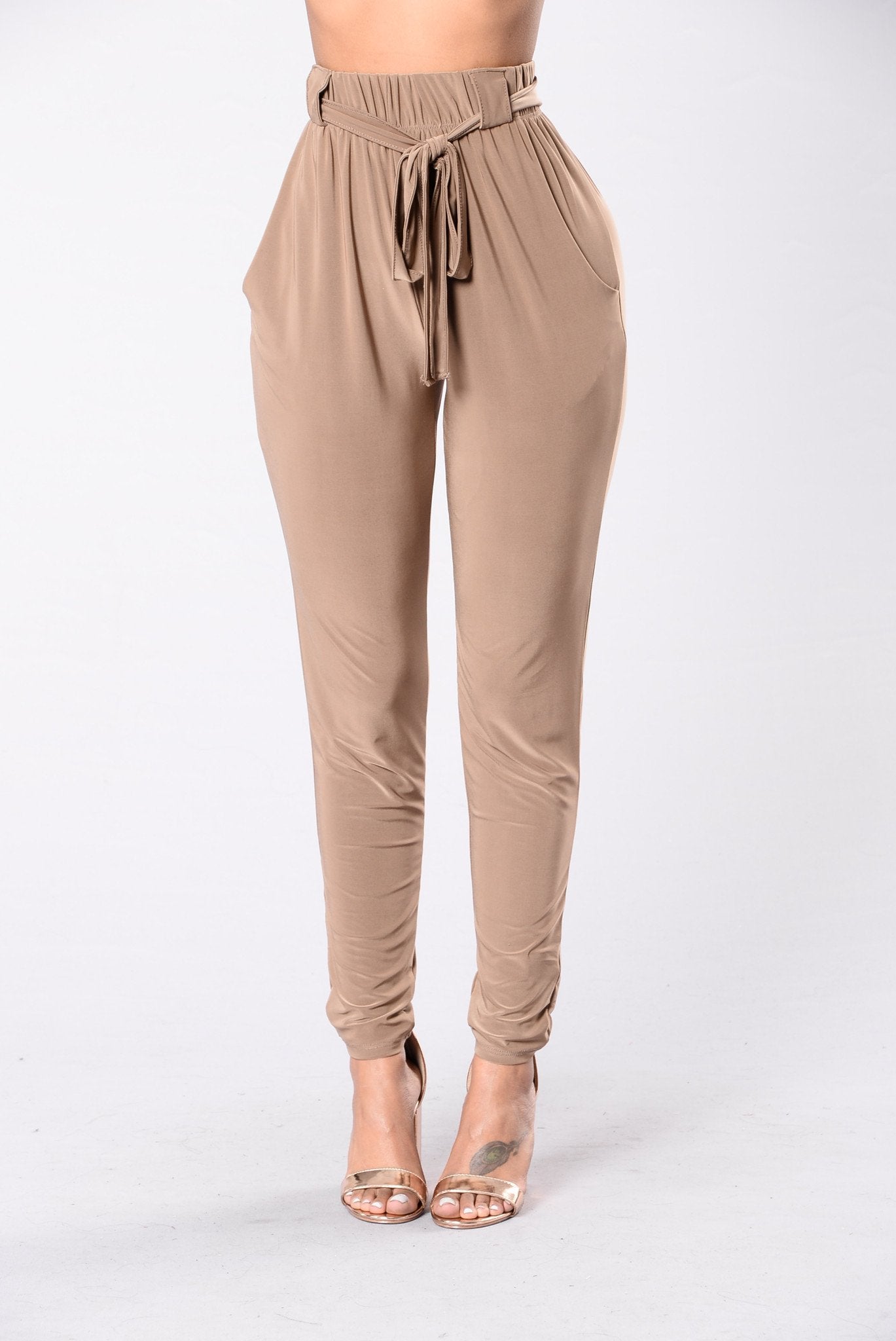 Tie Waist Harem Pants in Taupe