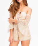 Off Shoulder Boho Glitter Embellished Romper in Nude and Gold