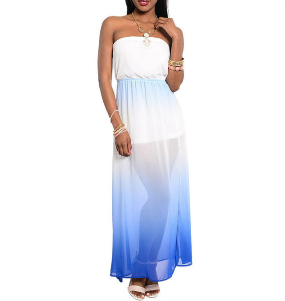 Strapless Chiffon Gradient Maxi Dress in Blue