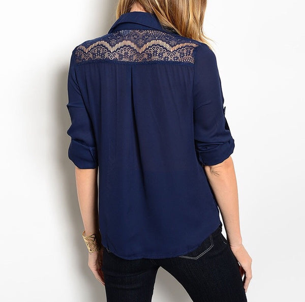 Sheer Lace Waist Button Down Blouse in Navy Blue