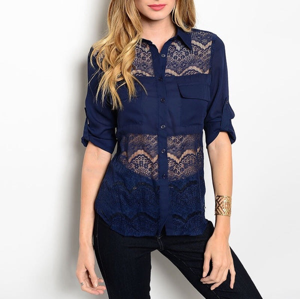 Sheer Lace Waist Button Down Blouse in Navy Blue