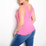 Plus Size V Lined Lace Strap Tank Top in Pink