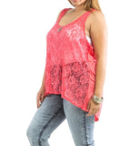 Plus Size Sheer Front Lace & Solid Back Tank Top in Coral