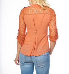 Sheer Lace Button Down Top in Light Rust