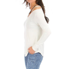 Open Shoulder Long SLeeve Light Tunic Top in Cream