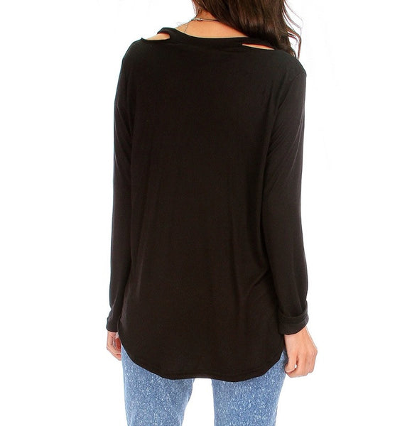 Open Shoulder Long Sleeve Light Tunic Top in Black