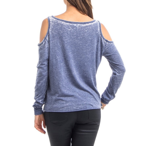 Star Spangled Cut Out Shoulder Long Sleeve Top in Blue