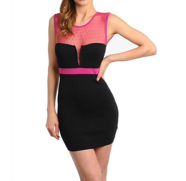 Unique Mesh Bandage Dress in Fuchsia & Black