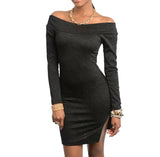Off Shoulder Long Sleeve Dress with Slit in Black