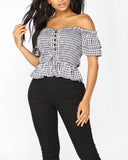 Off Shoulder Lace Up Gingham Top in Black and White