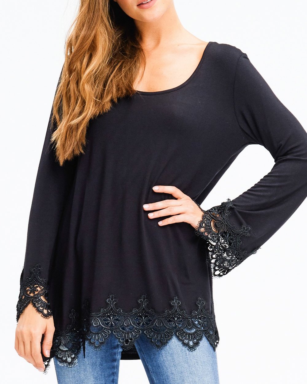 Crochet Hem Long Sleeve Tunic Top in Black
