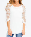 Lace Quarter Sleeve Chiffon Hem Top in Cream