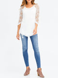 Lace Quarter Sleeve Chiffon Hem Top in Cream