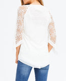 Lace Quarter Sleeve Chiffon Hem Top in Cream