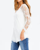 Lace Quarter Sleeve Chiffon Hem Top in Cream