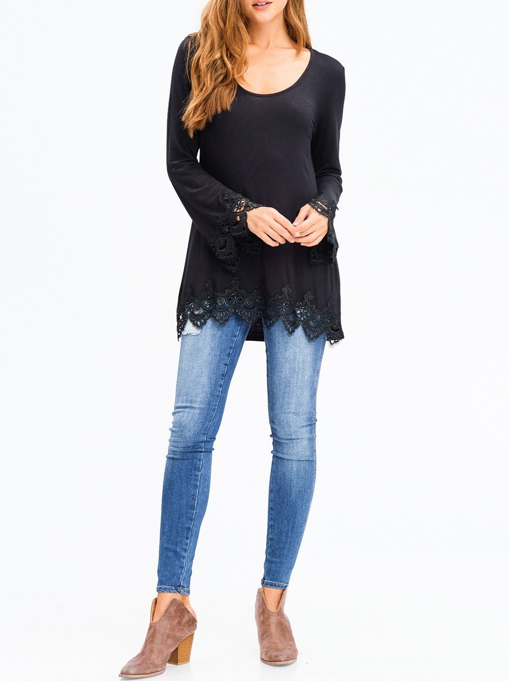 Crochet Hem Long Sleeve Tunic Top in Black