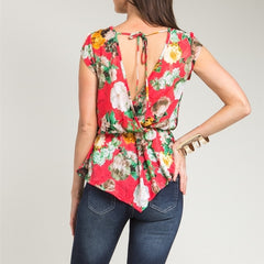 Overlap Cinched Waist Floral Print Blouse in Red & Green