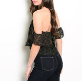 Gold Threaded Lace Dropped Off Shoulder Crop Top in Black PETITE