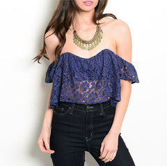 Gold Threaded Lace Dropped Off Shoulder Crop Top in Blue PETITE