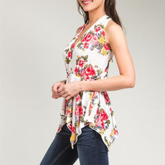 Sheer Overlap Floral Print Asymmetric Top in White & Red