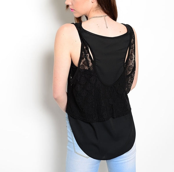 Sheer Lace Front & Solid Back Top in Black