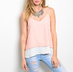 V Neckline Double Layered Chiffon Top in Peach & White