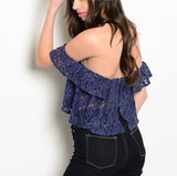 Gold Threaded Lace Dropped Off Shoulder Crop Top in Blue PETITE