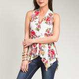 Sheer Overlap Floral Print Asymmetric Top in White & Red