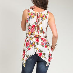 Sheer Overlap Floral Print Asymmetric Top in White & Red