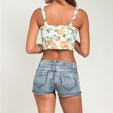 Button Down Floral Print Crop Top in White